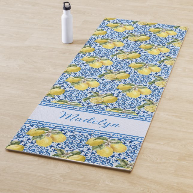 Personalised Name Blue Tile Mediterranean Lemon Yoga Mat (In Situ)