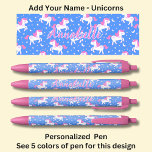 Personalised Name, Blue with Pink White Unicorns Black Ink Pen<br><div class="desc">A Great Pen for any little girl. See my store for lots more great Pens</div>