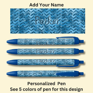 Personalised Name, Blue Zig Zag Design Black Ink Pen