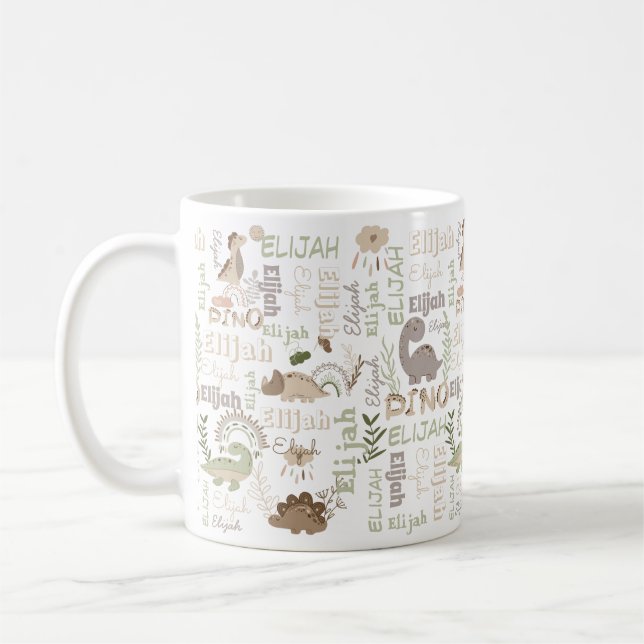 Personalised name boho doodle dinosaur green brow coffee mug (Left)