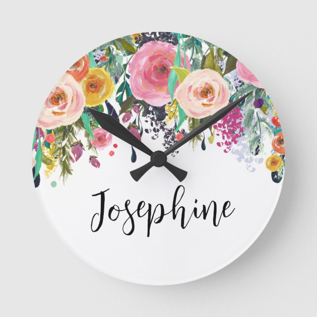 Personalised Name Boho Floral Bedroom Nursery Art Round Clock (Front)
