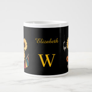 Personalised Name Boho Floral Sunflower Black Large Coffee Mug