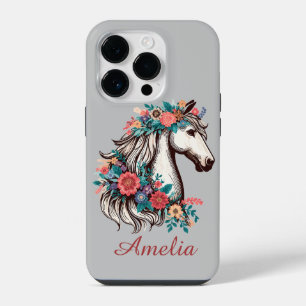 Personalised Name Boho Horse with Flowers iPhone 14 Pro Case