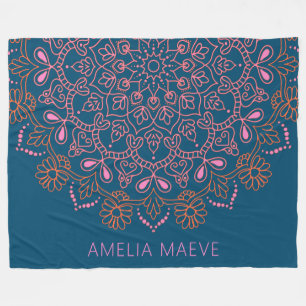 Personalised Name Boho Mandala Floral Blue Pink  Fleece Blanket