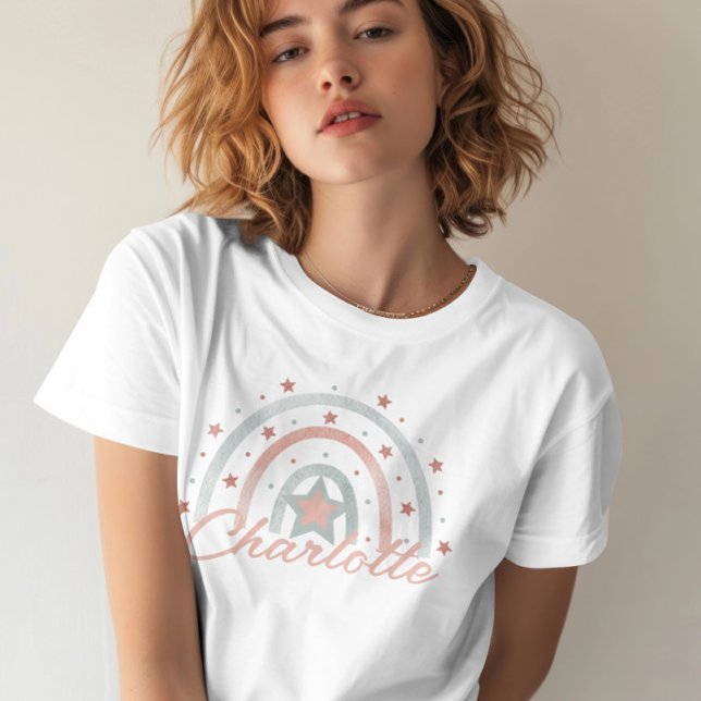 Personalised Name Boho Rainbow T-Shirt (Personalized Name Boho Rainbow T-Shirt from Ricaso. Pink and green with your own name added)