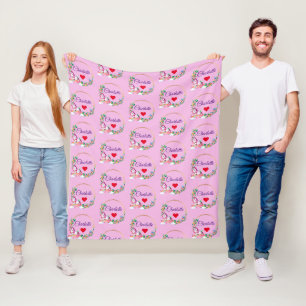 Personalised Name Boho Unicorns Flowers Heart Pink Fleece Blanket