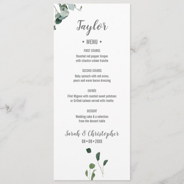 Personalised Name Botanical Greenery leaves Menu (Front)