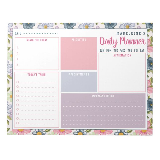 Personalised Name Botanical Pattern Daily Planner Notepad (Front)