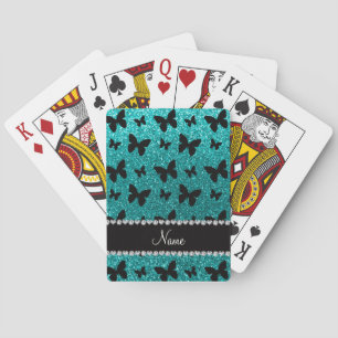 Personalised name bright aqua glitter butterflies playing cards