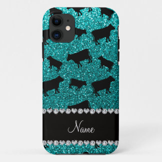 Personalised name bright aqua glitter cows iPhone 11 case