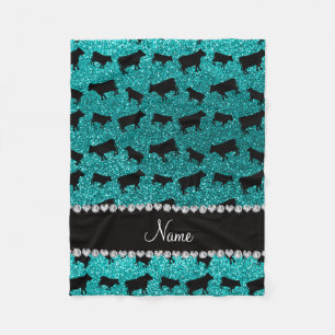 Personalised name bright aqua glitter cows fleece blanket