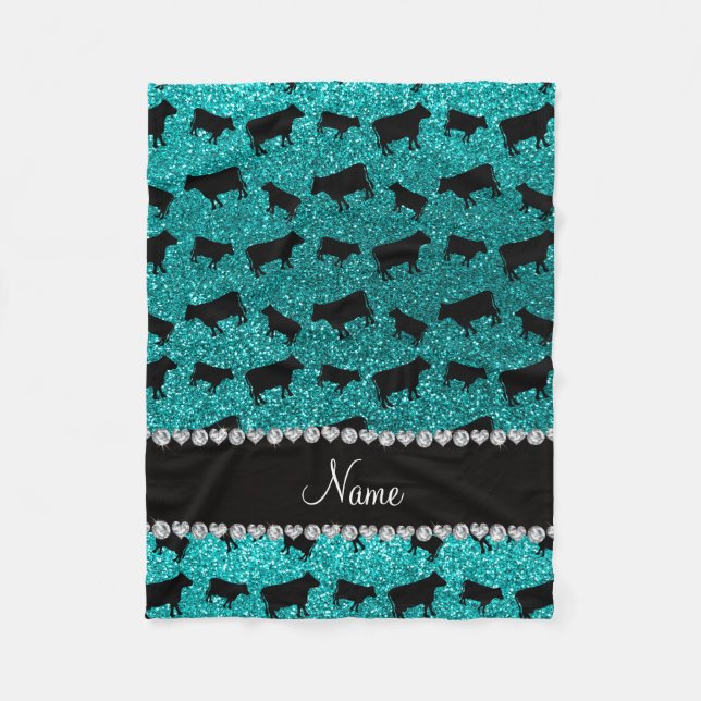 Personalised name bright aqua glitter cows fleece blanket (Front)