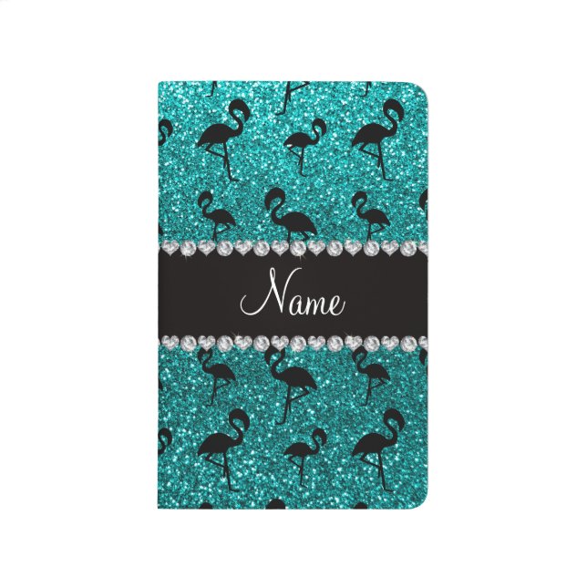 Personalised name bright aqua glitter flamingos journal (Front)
