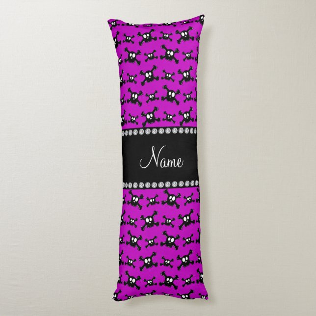 Personalised name bright purple skulls pattern body cushion (Back (Vertical))