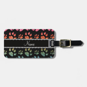 Personalised name bright rainbow glitter cat paws luggage tag