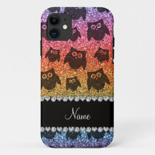 Personalised name bright rainbow glitter owls Case-Mate iPhone case
