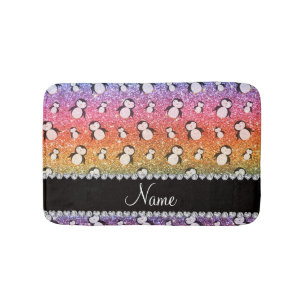 Personalised name bright rainbow glitter penguins bath mat