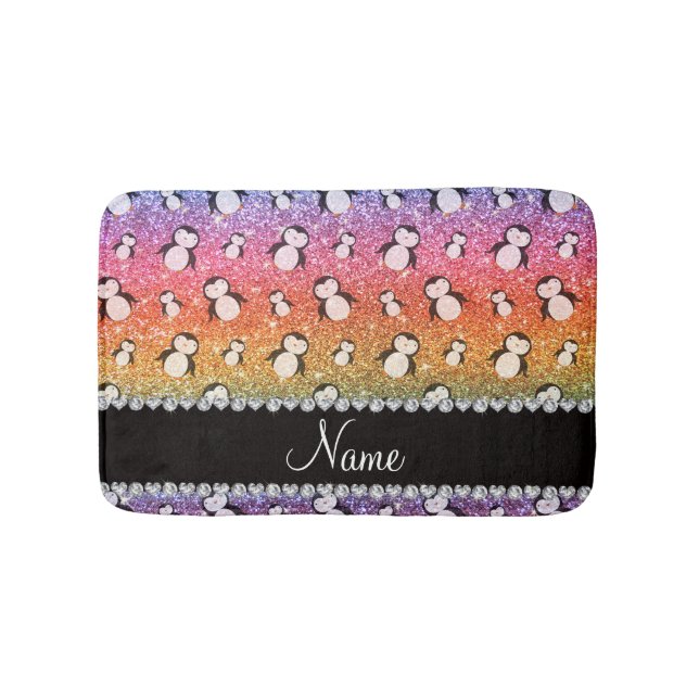Personalised name bright rainbow glitter penguins bath mat (Front)