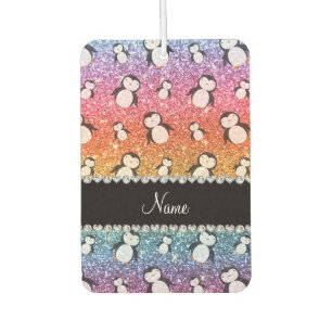 Personalised name bright rainbow glitter penguins car air freshener