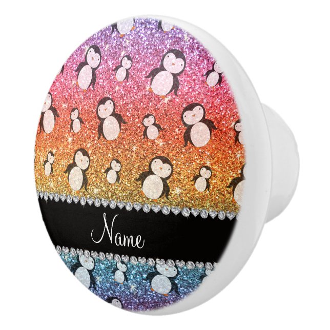 Personalised name bright rainbow glitter penguins ceramic knob (Right)