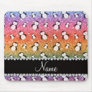 Personalised name bright rainbow glitter penguins mouse pad