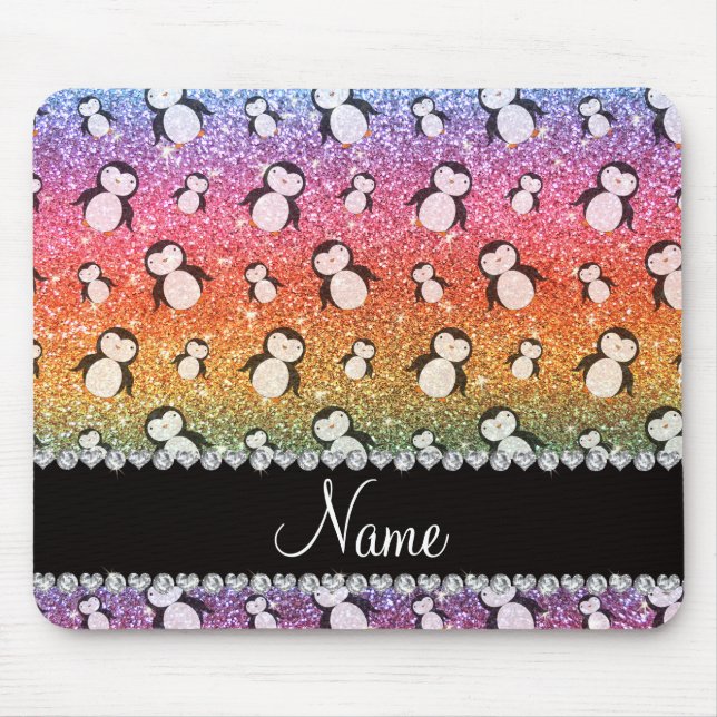 Personalised name bright rainbow glitter penguins mouse pad (Front)