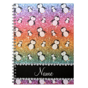 Personalised name bright rainbow glitter penguins spiral notebook