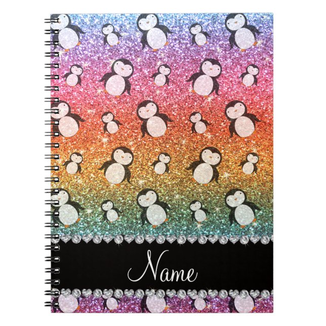 Personalised name bright rainbow glitter penguins spiral notebook (Front)