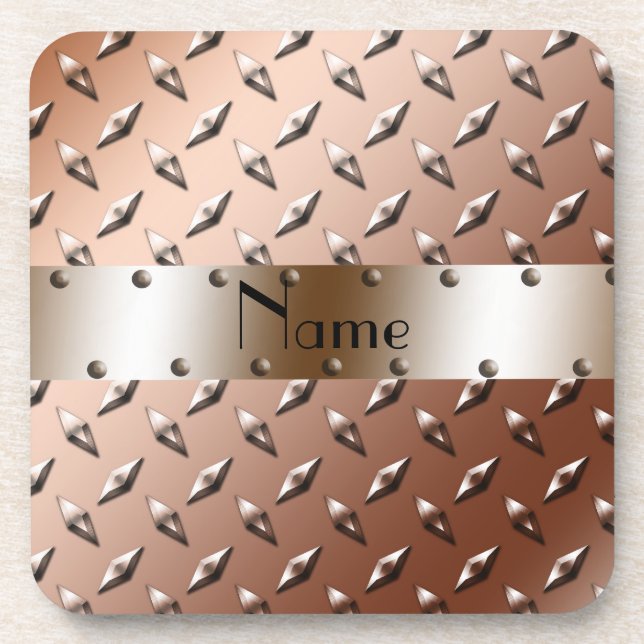 Personalised name brown diamond plate steel coaster (Front)