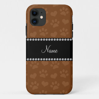Personalised name brown hearts and paw prints iPhone 11 case