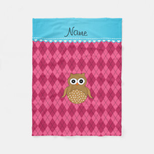 Personalised name brown owl pink argyle fleece blanket