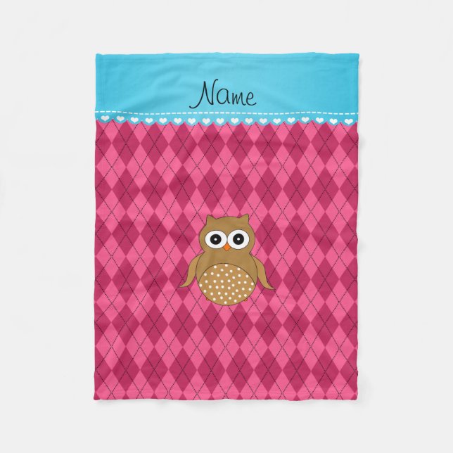 Personalised name brown owl pink argyle fleece blanket (Front)