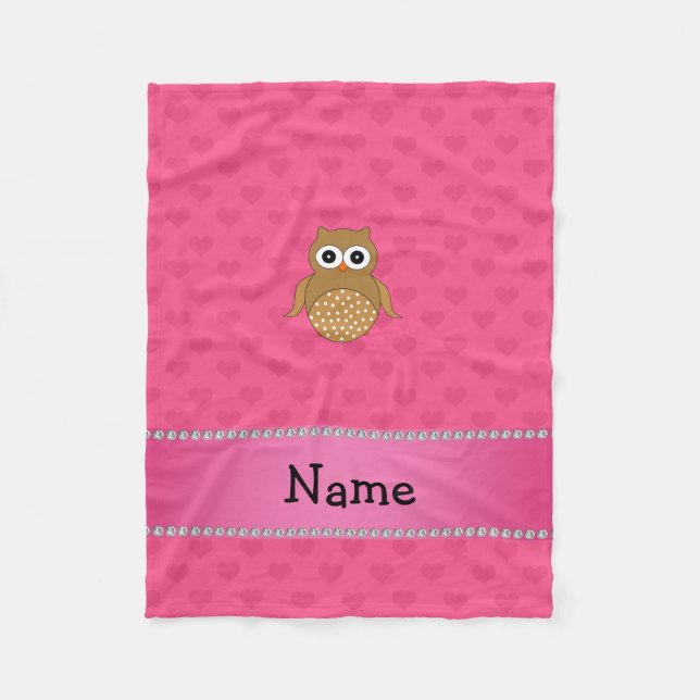Personalised name brown owl pink hearts fleece blanket (Front)