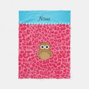 Personalised name brown owl pink leopard fleece blanket