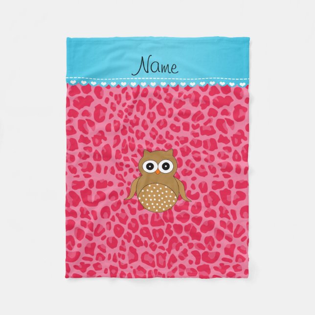Personalised name brown owl pink leopard fleece blanket (Front)