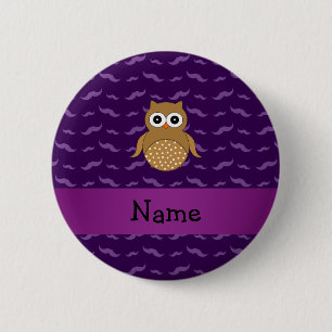 Personalised name brown owl purple moustaches 6 cm round badge