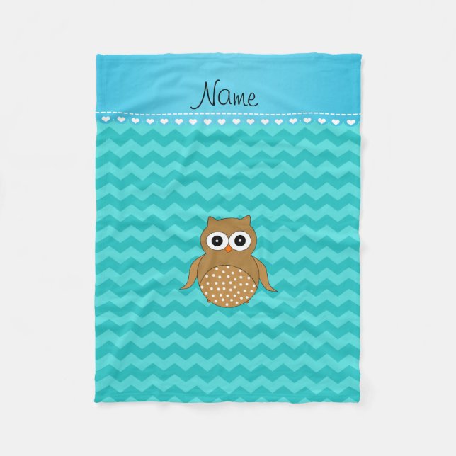 Personalised name brown owl turquoise chevrons fleece blanket (Front)