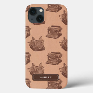 Personalised Name Brown Vintage Typewriter Pattern iPhone 13 Case