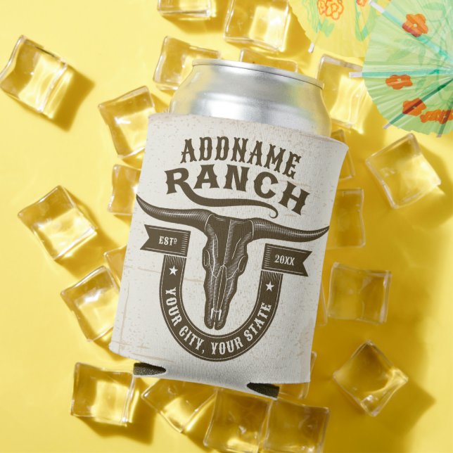 Personalised NAME Bull Steer Skull Western Ranch Can Cooler (In Situ Summer)