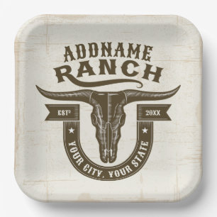 Personalised NAME Bull Steer Skull Western Ranch Paper Plate