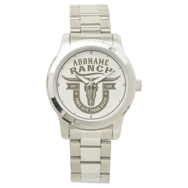 Personalised NAME Bull Steer Skull Western Ranch Watch (Front)