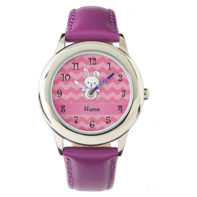Personalised name bunny pink chevrons watch (Front)