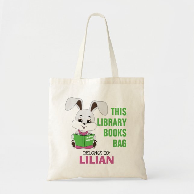 Personalised Name Bunny Reading Library Tote Bag  (Front)