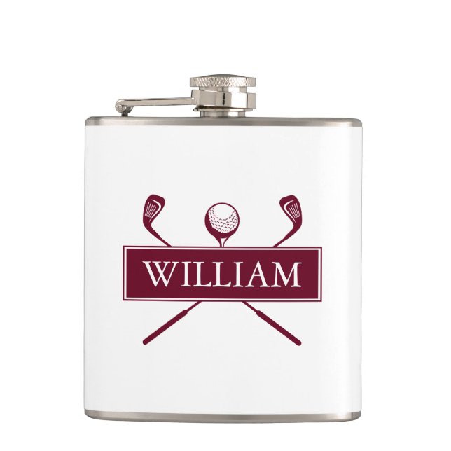 Personalised Name Burgundy Clubs And Ball Hip Flask (Front)