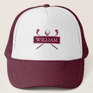 Personalised Name Burgundy Golf Ball And Clubs Trucker Hat