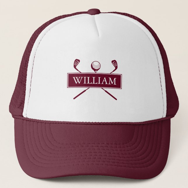 Personalised Name Burgundy Golf Ball And Clubs Trucker Hat (Front)