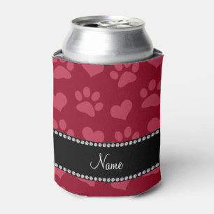 Personalised name burgundy red hearts and paws can cooler