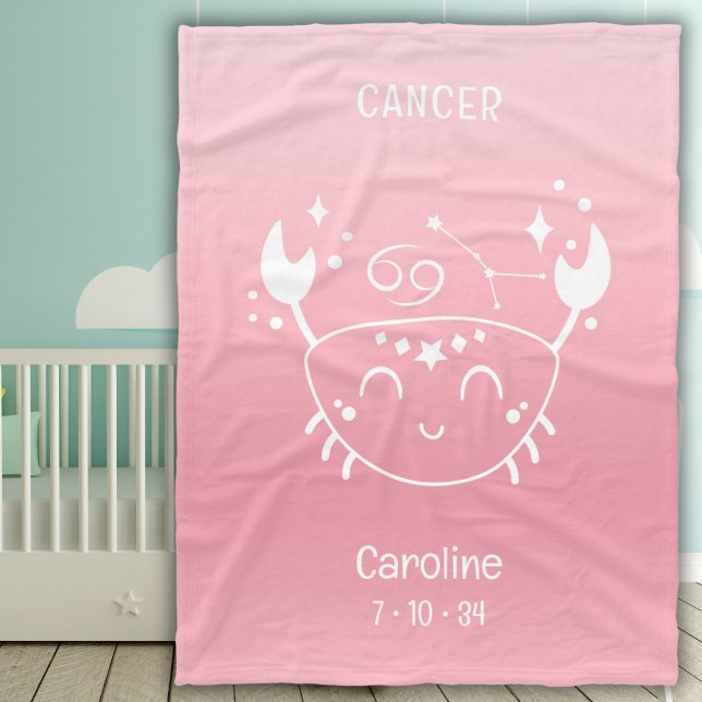 Personalised Name Cancer Zodiac Birthdate Pink Fleece Blanket (Creator Uploaded)
