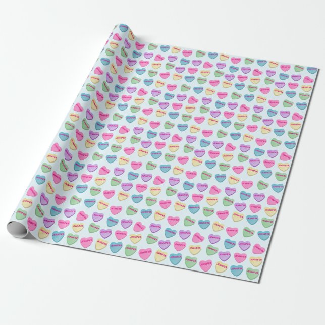 Personalised Name Candy Conversation Heart Blue Wrapping Paper (Unrolled)