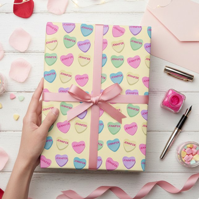 Personalised Name Candy Hearts - Yellow Wrapping Paper (Personalized Candy Heart Conversation Heart wrapping paper for Valentine's Day or Galentine's Day)
